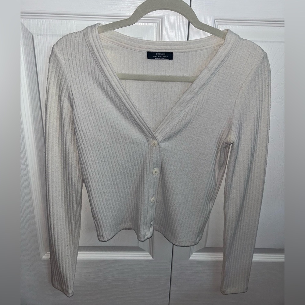 Bershka White Ribbed Button Up Shirt